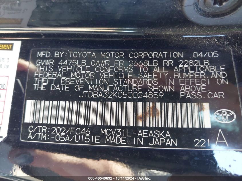 JTDBA32K050024859 2005 Toyota Camry Se V6