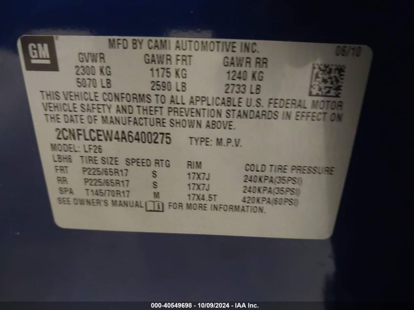 2CNFLCEW4A6400275 2010 Chevrolet Equinox Ls