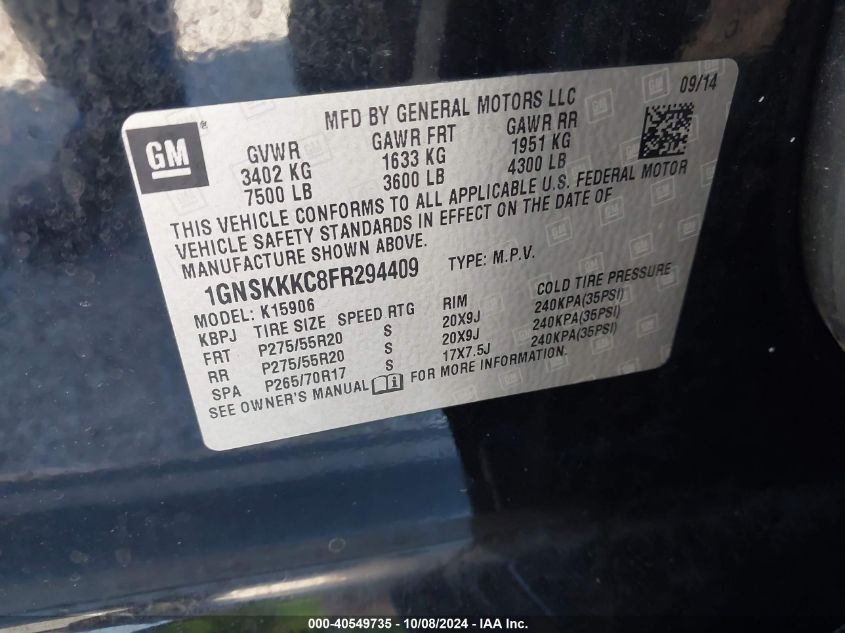 1GNSKKKC8FR294409 2015 Chevrolet Suburban 1500 Ltz