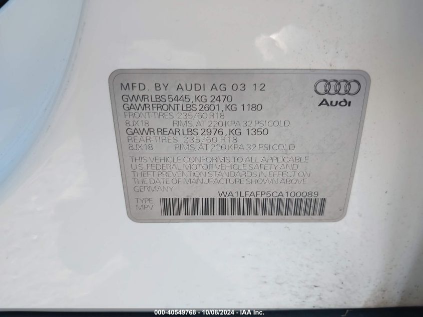 2012 Audi Q5 Premium Plus VIN: WA1LFAFP5CA100089 Lot: 40549768