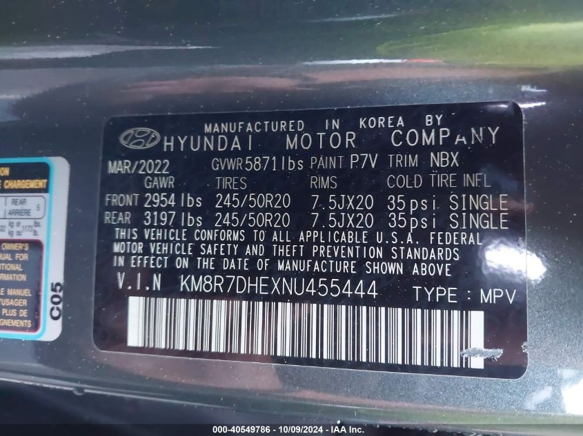 2022 Hyundai Palisade Calligraphy VIN: KM8R7DHEXNU455444 Lot: 40549786