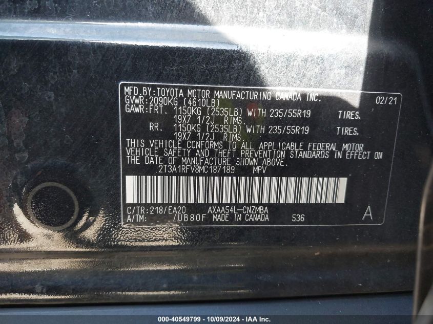 2021 Toyota Rav4 Xle Premium VIN: 2T3A1RFV8MC187189 Lot: 40549799