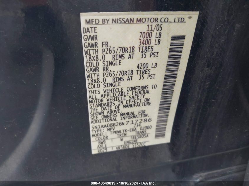 2006 Nissan Armada Se VIN: 5N1AA08B26N717286 Lot: 40549819