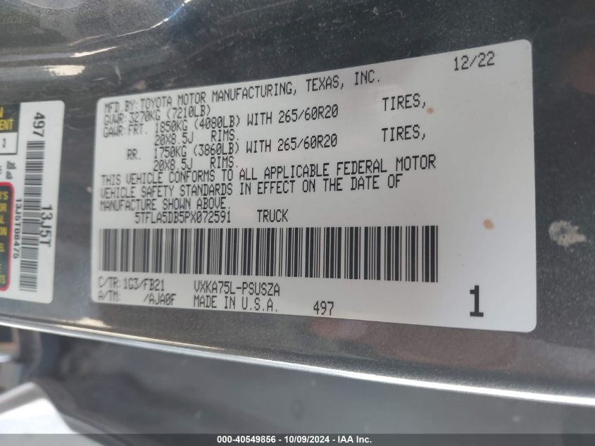 2023 Toyota Tundra Sr5 VIN: 5TFLA5DB5PX072591 Lot: 40549856