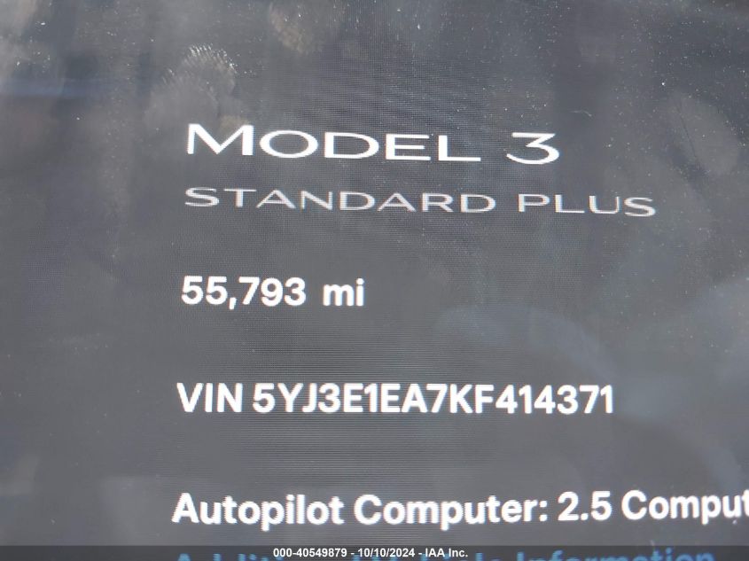 2019 Tesla Model 3 Long Range/Mid Range/Standard Range/Standard Range Plus VIN: 5YJ3E1EA7KF414371 Lot: 40549879