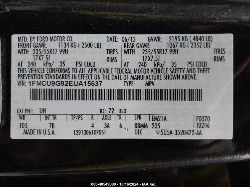 2014 Ford Escape Se VIN: 1FMCU9G92EUA15637 Lot: 40549880