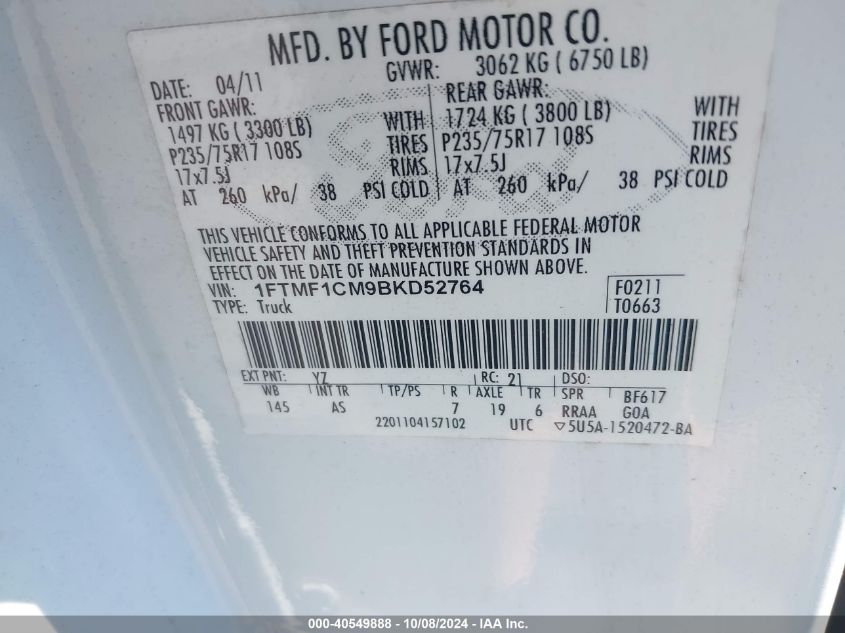 1FTMF1CM9BKD52764 2011 Ford F-150 Xl