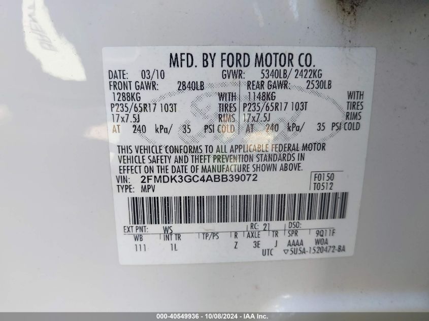 2FMDK3GC4ABB39072 2010 Ford Edge Se