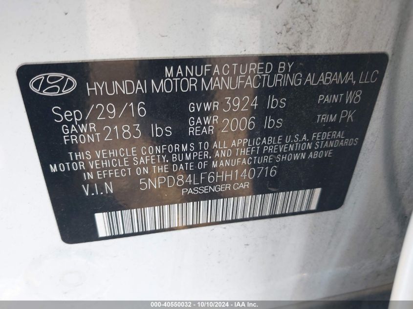 5NPD84LF6HH140716 2017 Hyundai Elantra Se