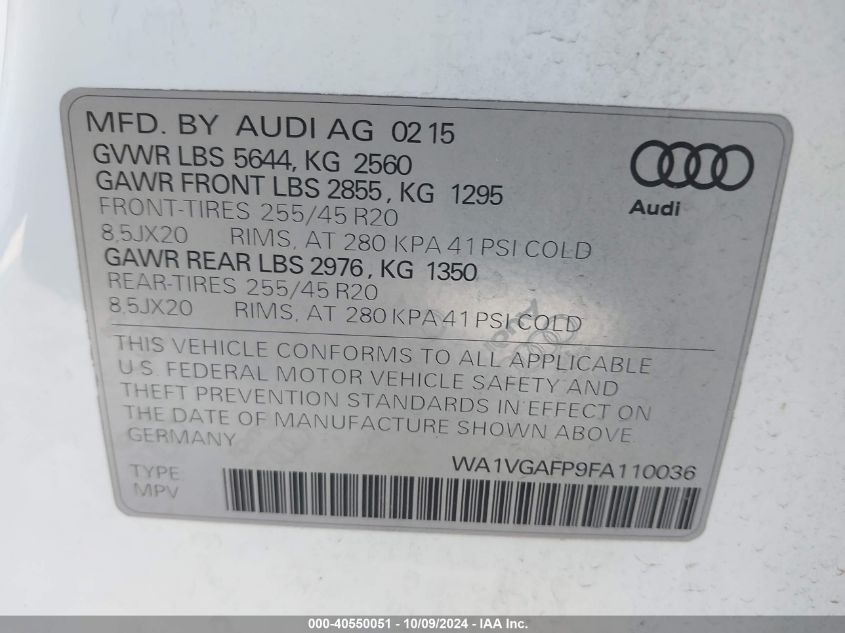 2015 Audi Sq5 Prestige VIN: WA1VGAFP9FA110036 Lot: 40550051