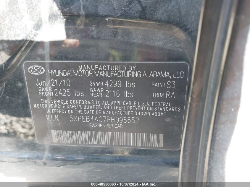 5NPEB4AC7BH096652 2011 Hyundai Sonata Gls