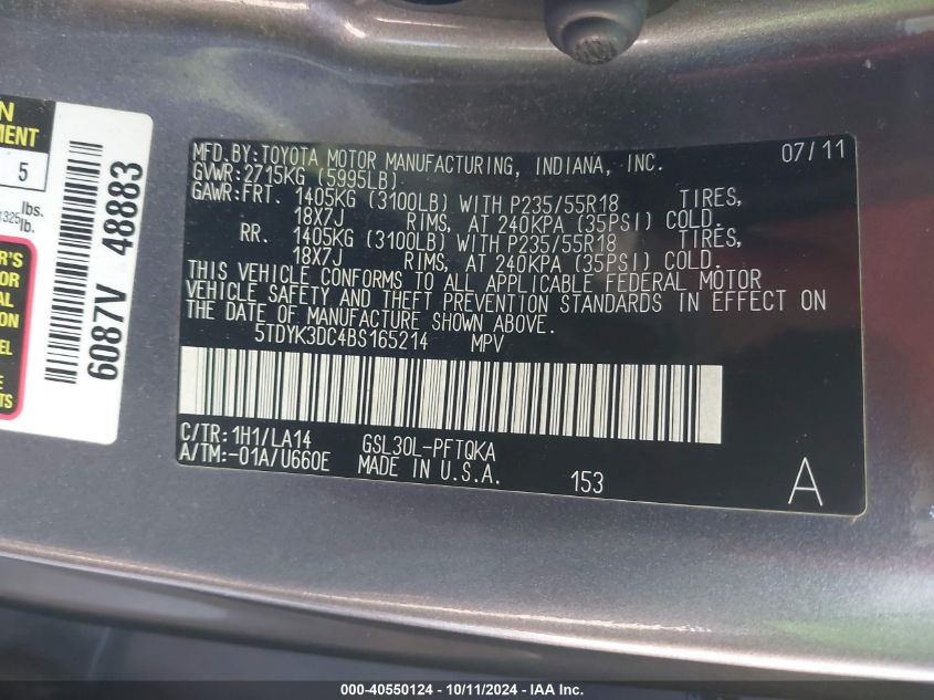 5TDYK3DC4BS165214 2011 Toyota Sienna Xle/Limited