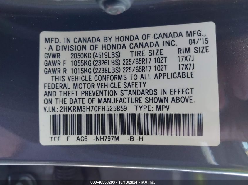 2HKRM3H70FH525859 2015 Honda Cr-V Ex-L