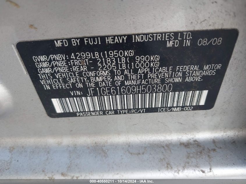 2009 Subaru Impreza 2.5I VIN: JF1GE61609H503800 Lot: 40550211