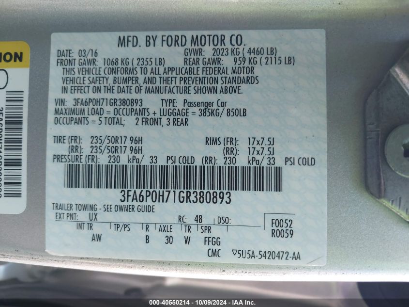 3FA6P0H71GR380893 2016 Ford Fusion Se