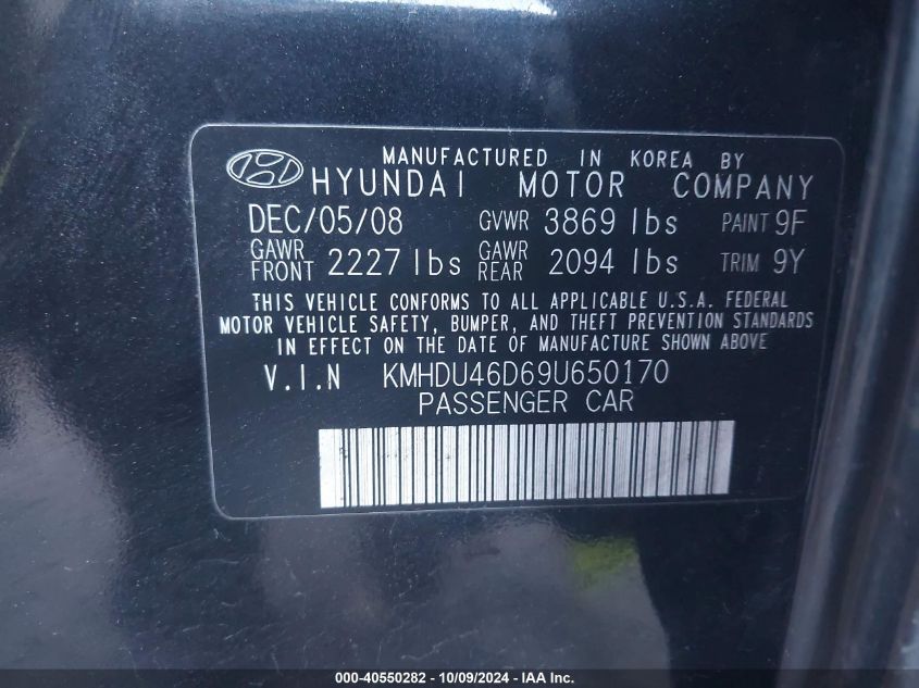 KMHDU46D69U650170 2009 Hyundai Elantra Gls/Se