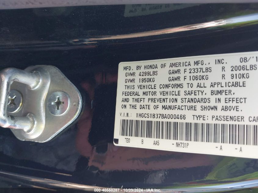 1HGCS1B37BA000466 2011 Honda Accord 2.4 Lx-S