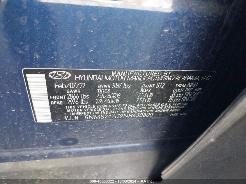 2022 Hyundai Santa Fe Sel VIN: 5NMS24AJ9NH430800 Lot: 40550322