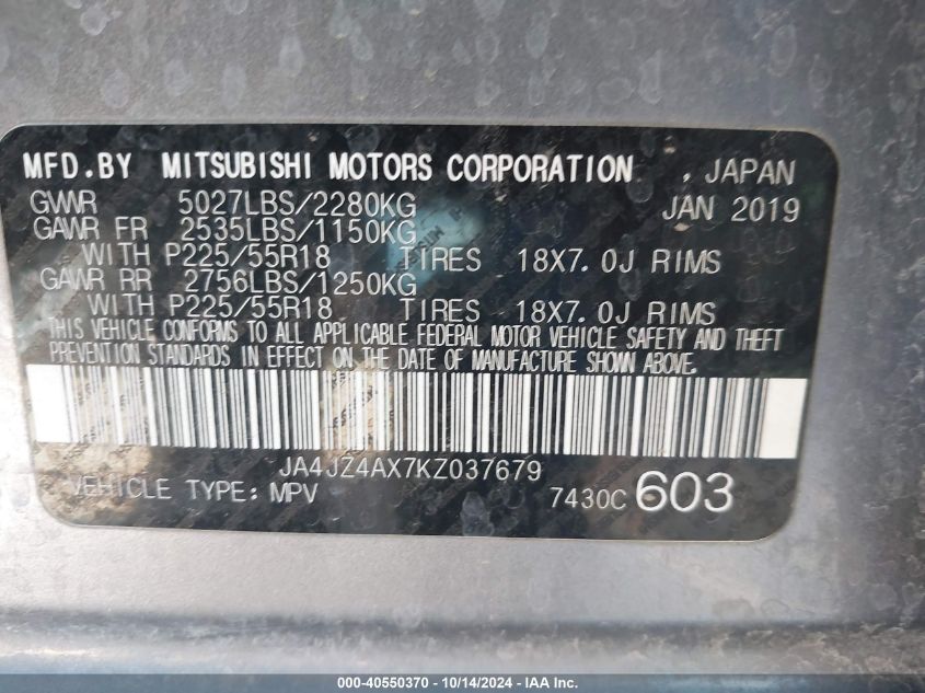 2019 Mitsubishi Outlander Gt VIN: JA4JZ4AX7KZ037679 Lot: 40550370