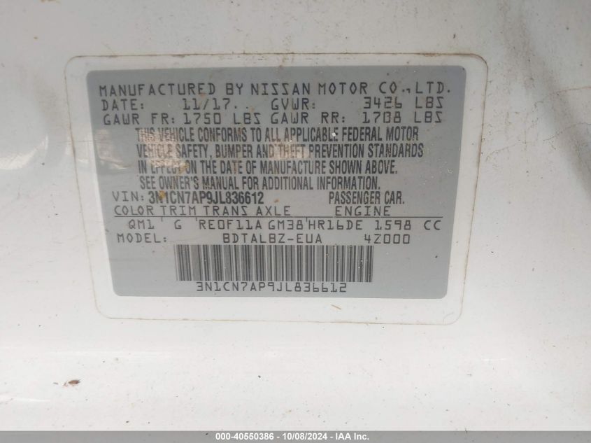 3N1CN7AP9JL836612 2018 Nissan Versa 1.6 Sv