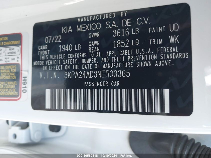 3KPA24AD3NE503365 2022 Kia Rio S