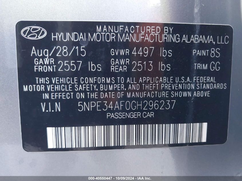 2016 Hyundai Sonata Limited VIN: 5NPE34AF0GH296237 Lot: 40550447