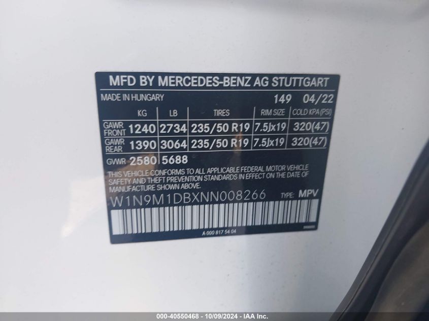 W1N9M1DBXNN008266 2022 Mercedes-Benz Eqb 350 Suv 350 4Matic