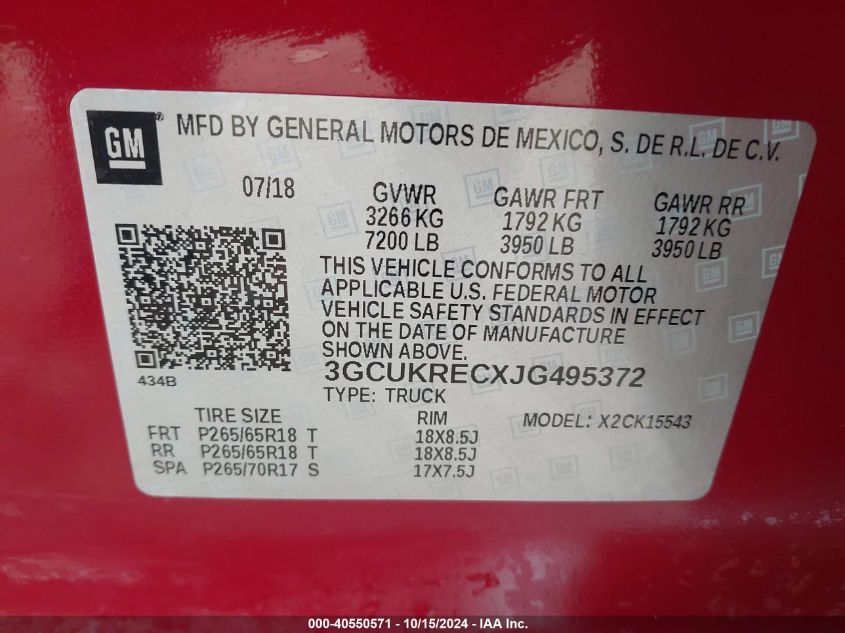 2018 Chevrolet Silverado 1500 2Lt VIN: 3GCUKRECXJG495372 Lot: 40550571