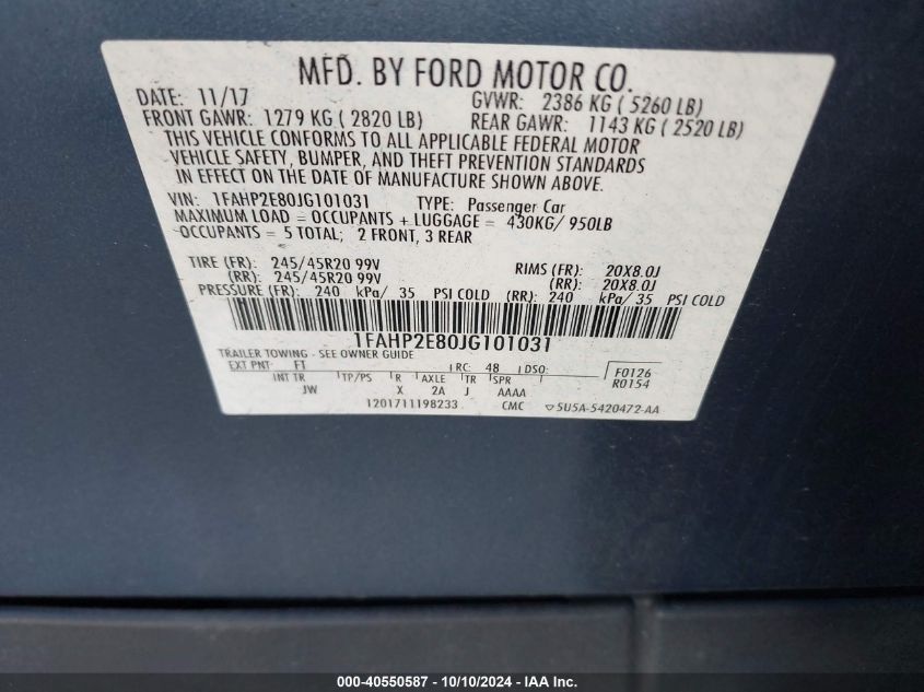 1FAHP2E80JG101031 2018 Ford Taurus Sel