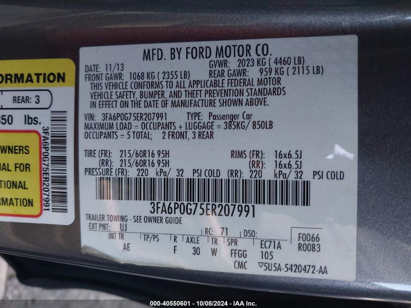 2014 Ford Fusion S VIN: 3FA6P0G75ER207991 Lot: 40550601