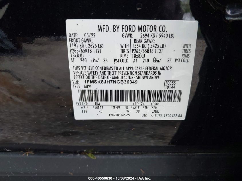 2022 Ford Explorer Timberline VIN: 1FMSK8JH7NGB36349 Lot: 40550630