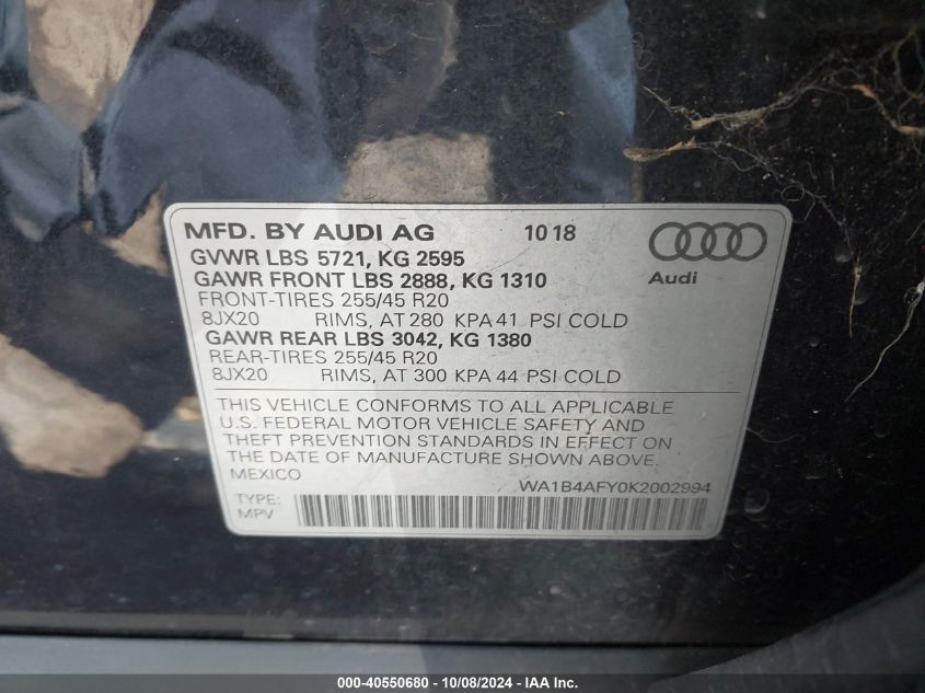 2019 Audi Sq5 3.0T Premium VIN: WA1B4AFY0K2002994 Lot: 40550680