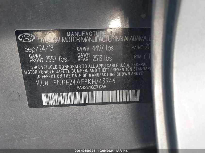 5NPE24AF3KH743946 2019 Hyundai Sonata Se