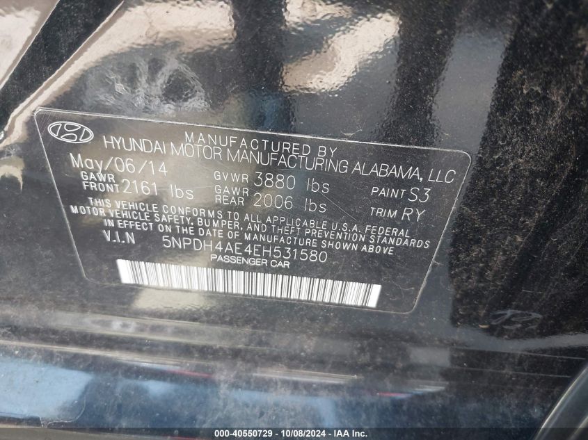 5NPDH4AE4EH531580 2014 Hyundai Elantra Limited