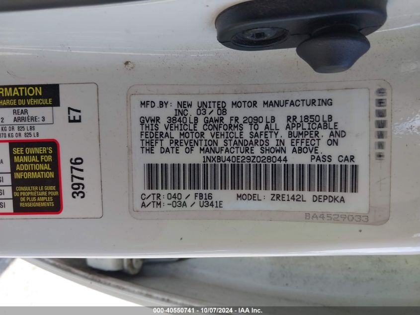 2009 Toyota Corolla VIN: 1NXBU40E29Z028044 Lot: 40550741