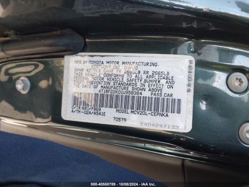 4T1BF22K01U958384 2001 Toyota Camry Le V6