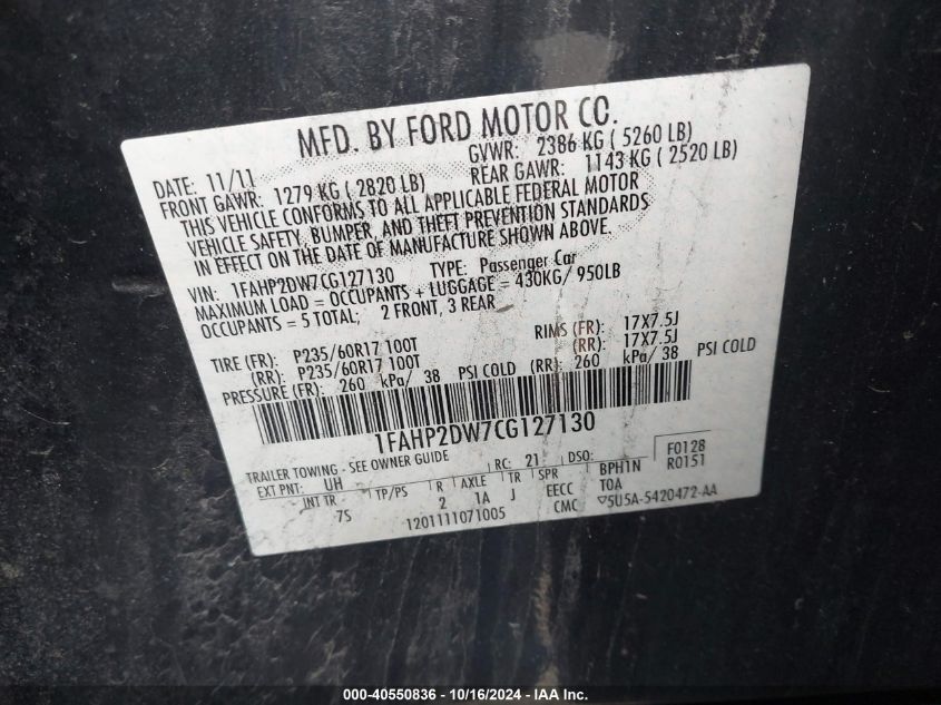 2012 Ford Taurus Se VIN: 1FAHP2DW7CG127130 Lot: 40550836