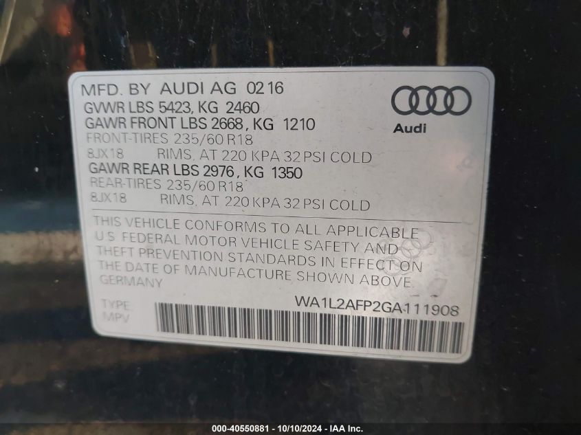 2016 Audi Q5 2.0T Premium VIN: WA1L2AFP2GA111908 Lot: 40550881