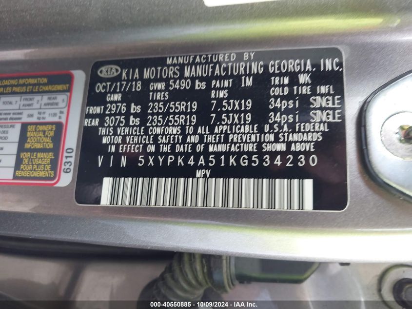 5XYPK4A51KG534230 2019 Kia Sorento 3.3L Sx