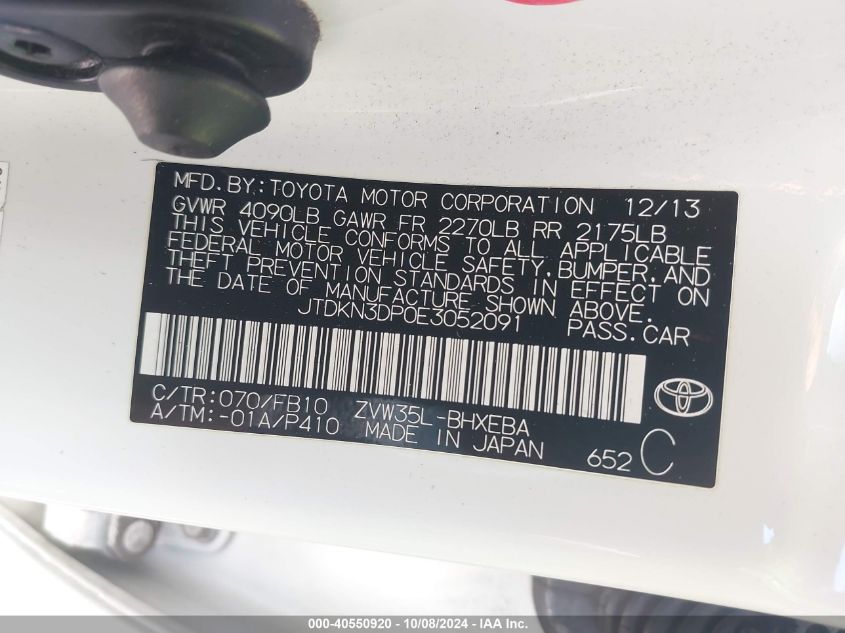 2014 Toyota Prius Plug-In VIN: JTDKN3DP0E3052091 Lot: 40550920