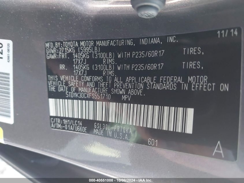 5TDYK3DCXFS551710 2015 Toyota Sienna Xle 8 Passenger