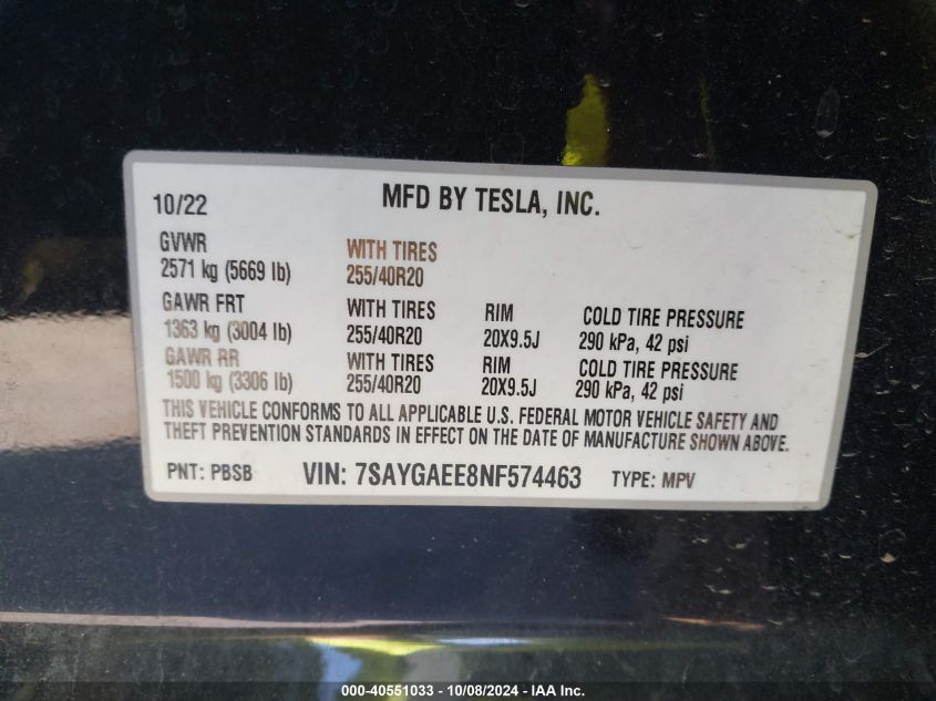 2022 Tesla Model Y Long Range Dual Motor All-Wheel Drive VIN: 7SAYGAEE8NF574463 Lot: 40551033