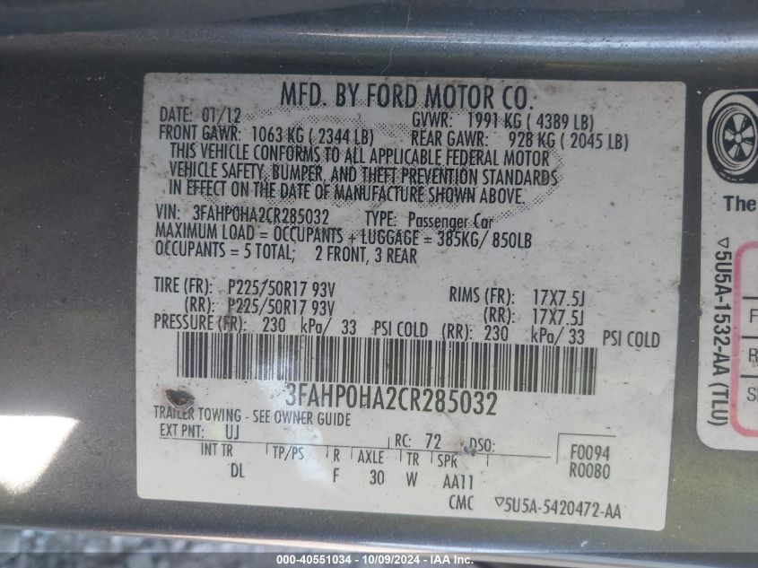 3FAHP0HA2CR285032 2012 Ford Fusion Se