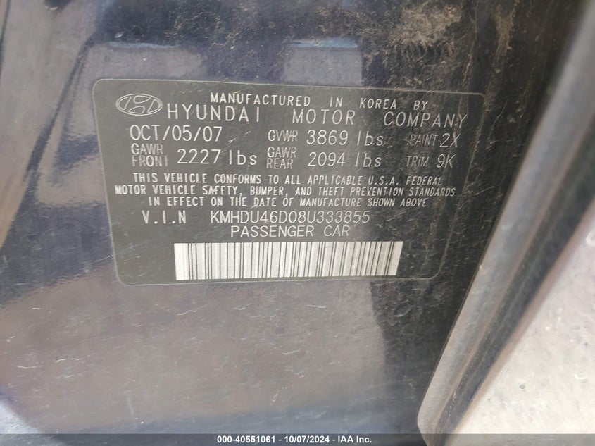 KMHDU46D08U333855 2008 Hyundai Elantra Gls/Se