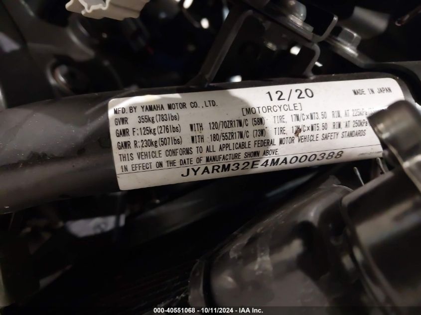 2021 Yamaha Mt07 VIN: JYARM32E4MA000388 Lot: 40551068