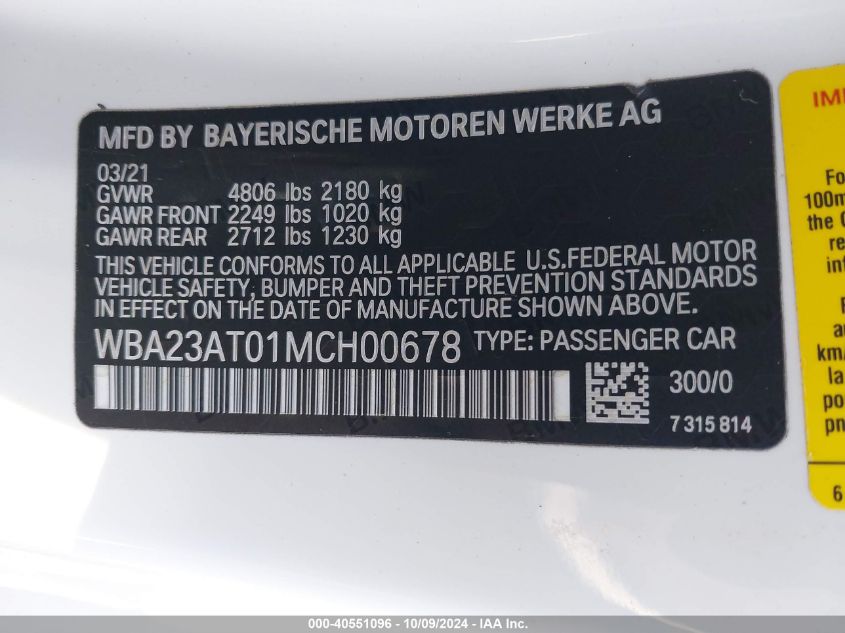 2021 BMW 430I VIN: WBA23AT01MCH00678 Lot: 40551096