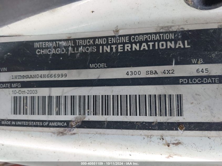 2004 International 4000 4300 VIN: 1HTMMAAN04H666999 Lot: 40551109