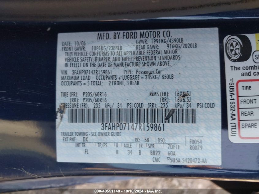 3FAHP07147R159861 2007 Ford Fusion Se