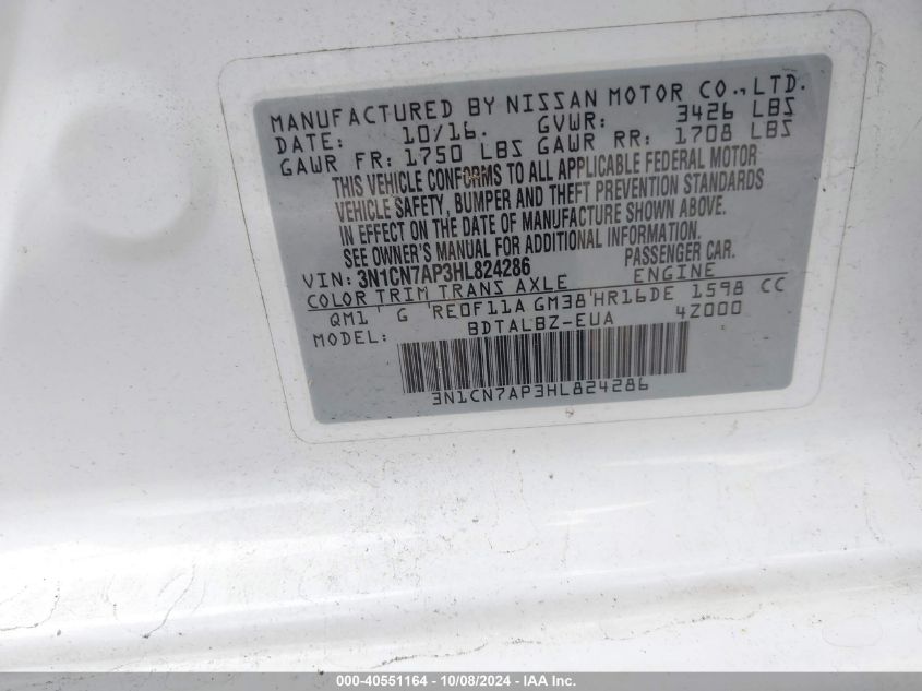 3N1CN7AP3HL824286 2017 Nissan Versa 1.6 Sv