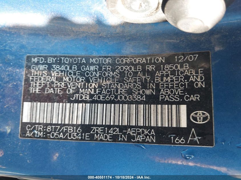 2009 Toyota Corolla VIN: JTDBL40E69J000384 Lot: 40551174